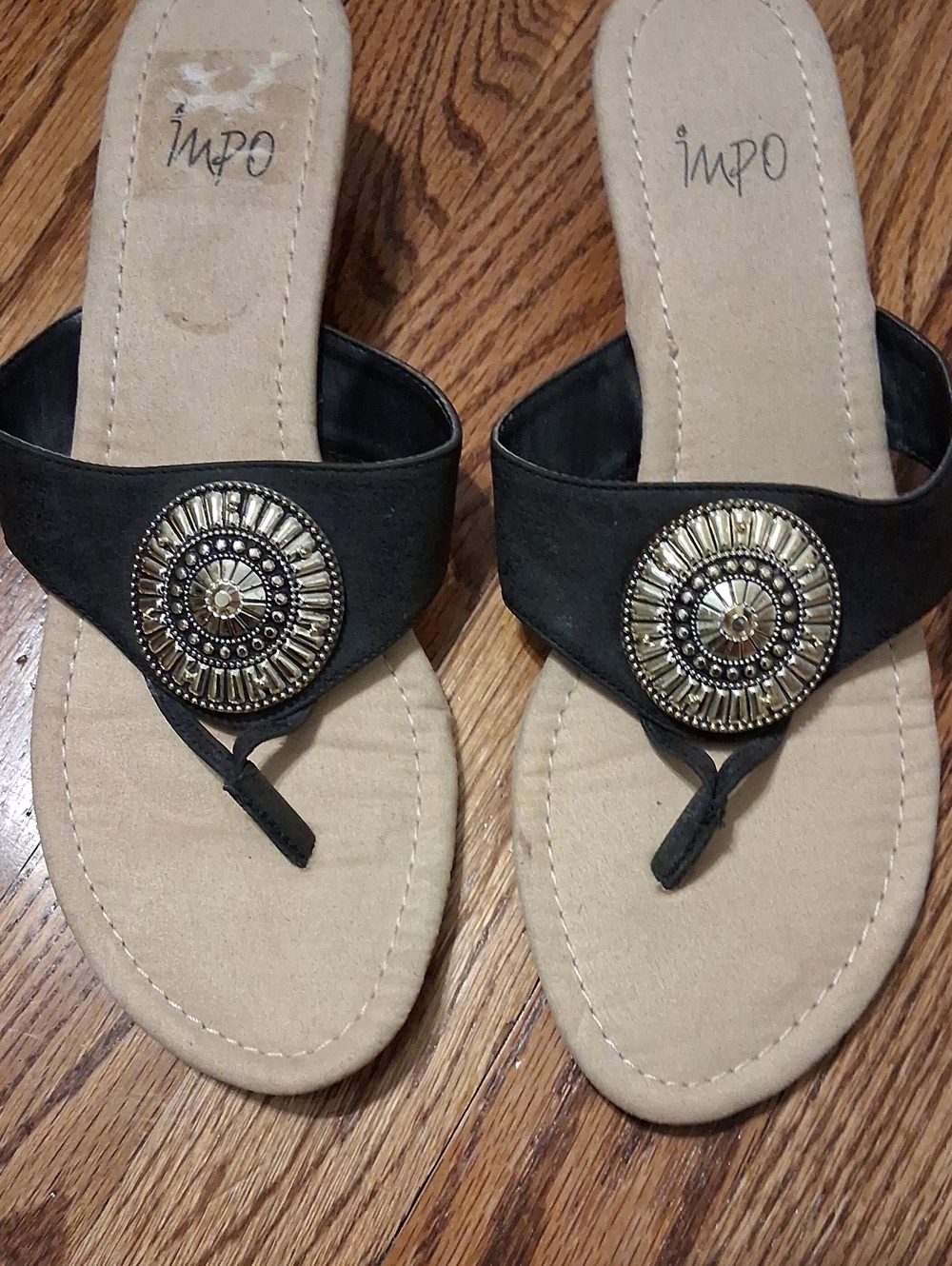 Impo Black Sandal with Gold Medallion Accent